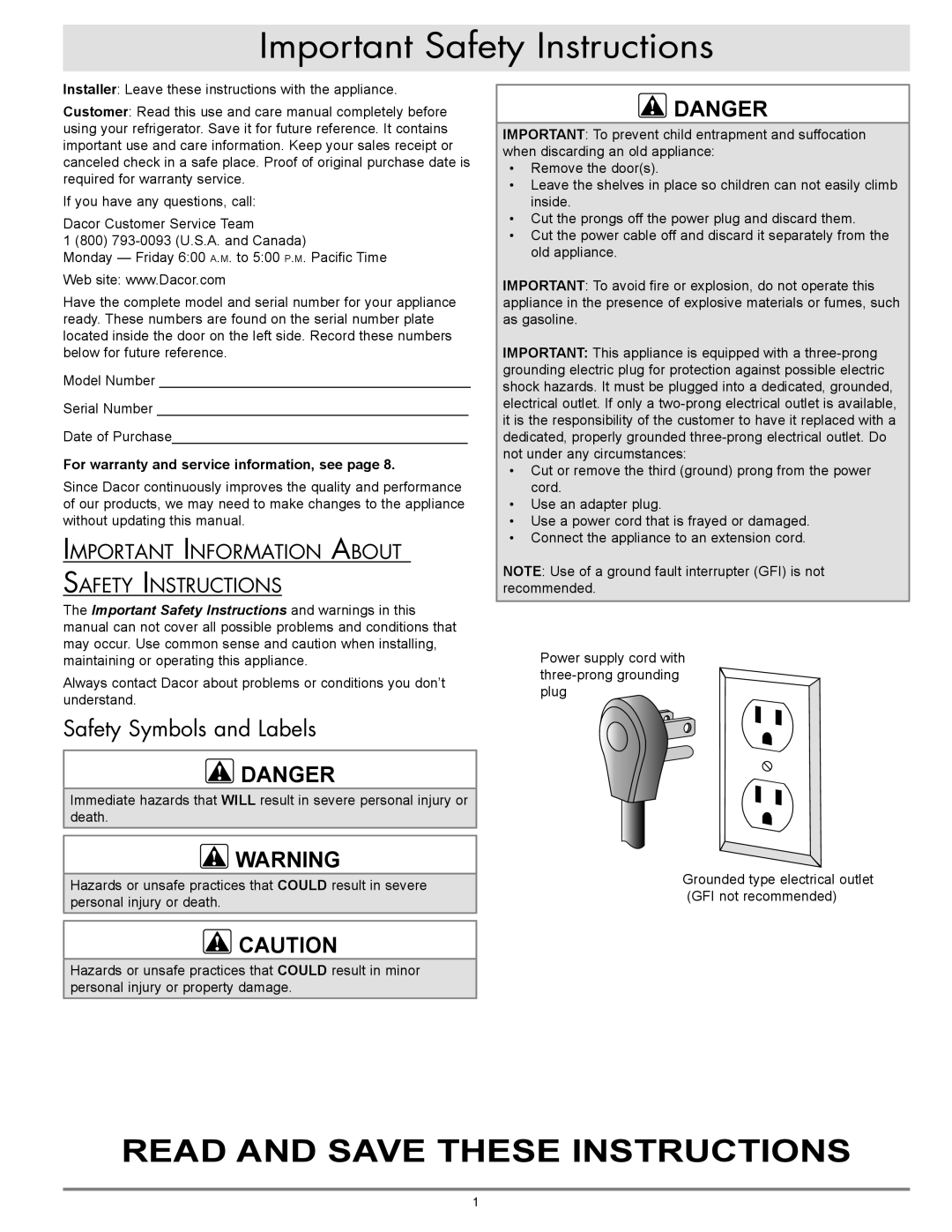 Dacor OF24LS Important Safety Instructions, Safety Symbols and Labels, Important Information About Safety Instructions 