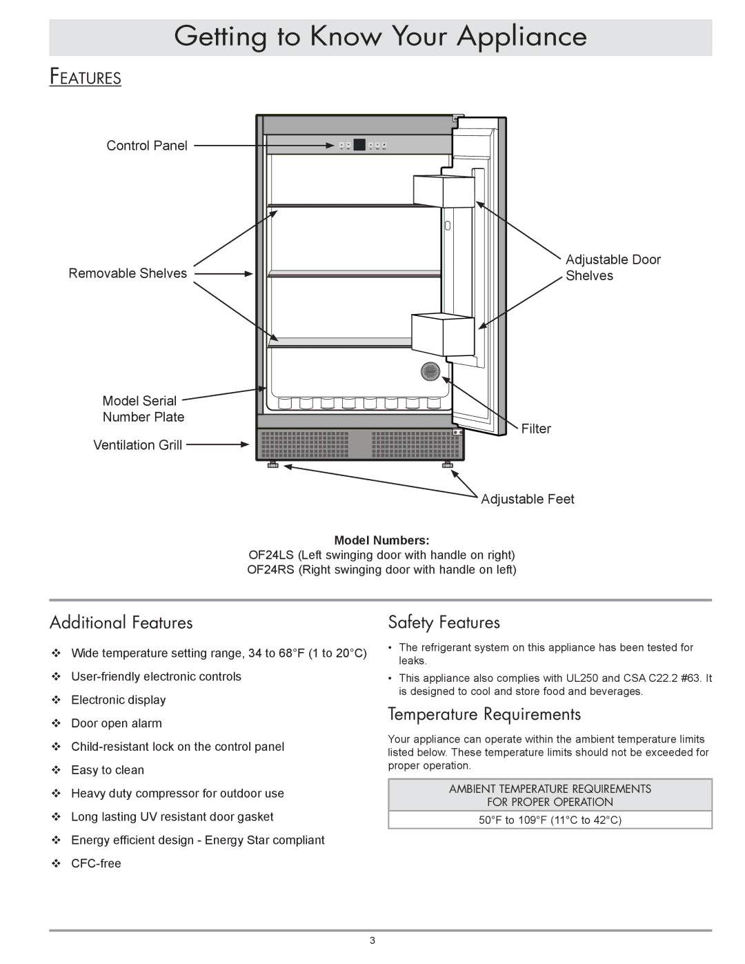 Dacor OF24LS, OF24RS manual Getting to Know Your Appliance, Additional Features, Safety Features, Temperature Requirements 