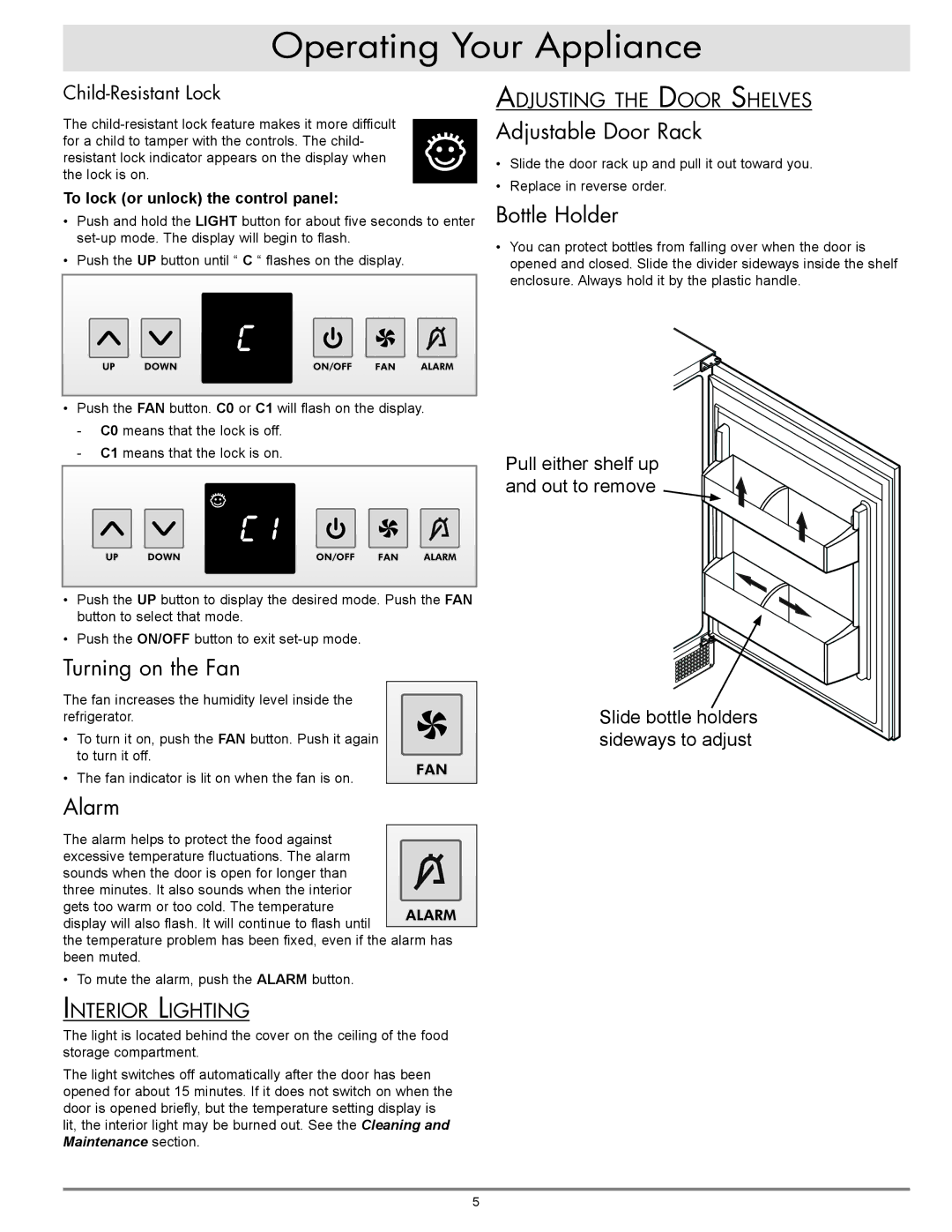 Dacor OF24LS, OF24RS manual Turning on the Fan, Alarm, Adjustable Door Rack, Bottle Holder 