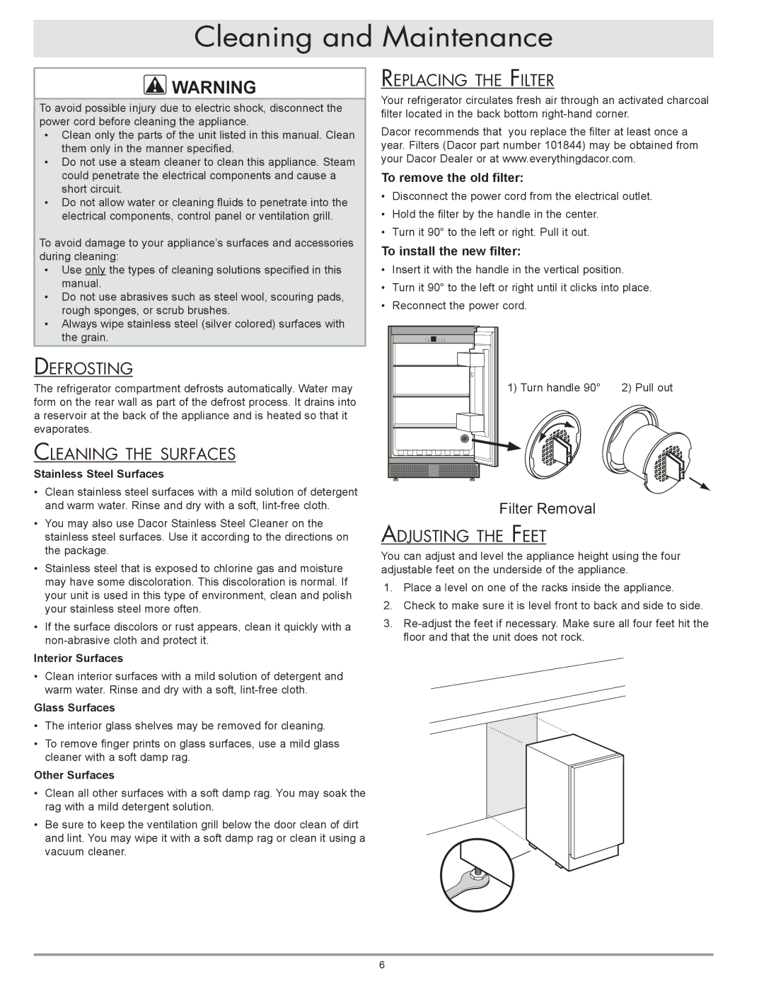 Dacor OF24RS, OF24LS Cleaning and Maintenance, Defrosting, Cleaning the surfaces, Replacing the Filter, Adjusting the Feet 