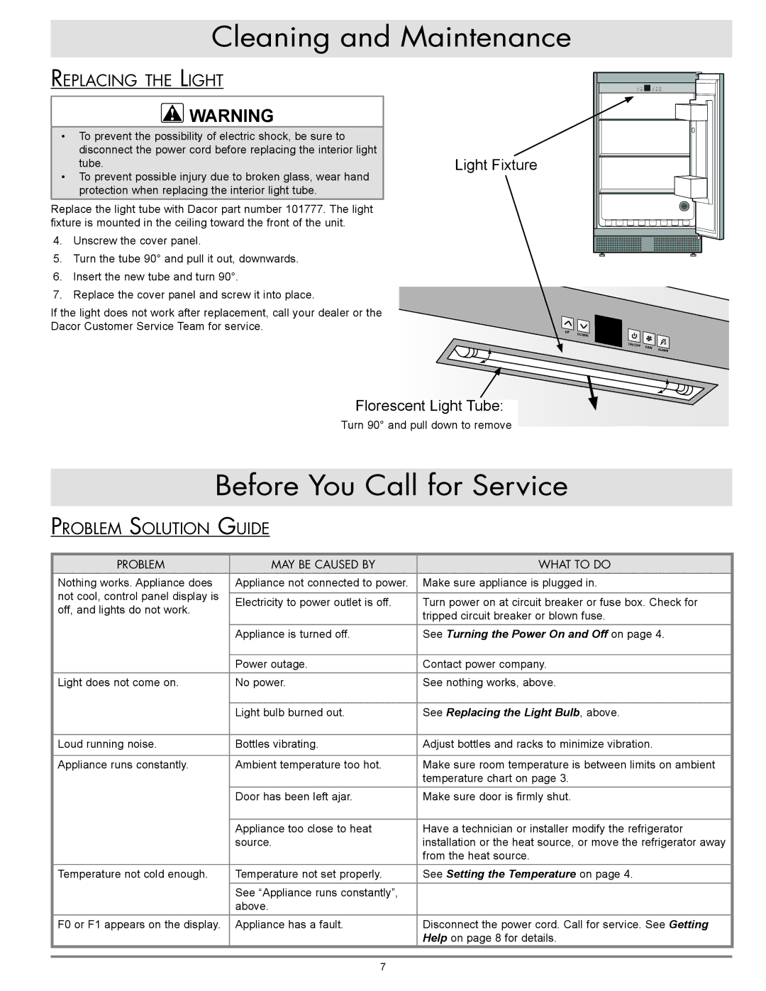 Dacor OF24LS, OF24RS manual Before You Call for Service, Replacing the Light, Problem Solution Guide 