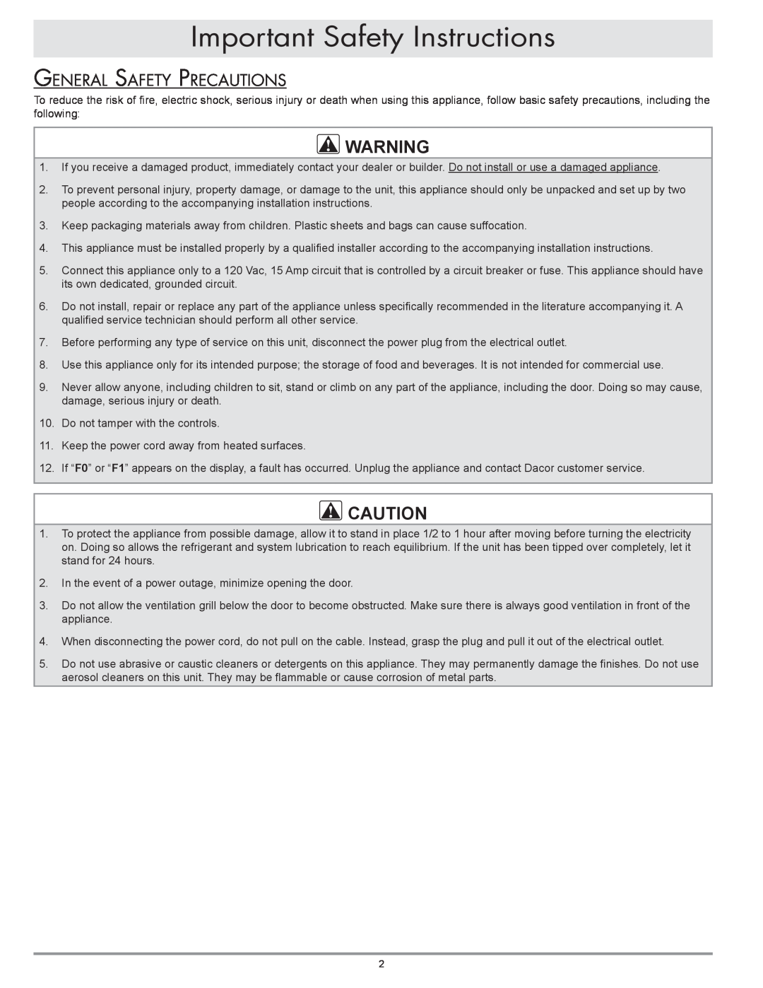 Dacor OF24RS, OF24LS manual General Safety Precautions, Important Safety Instructions 