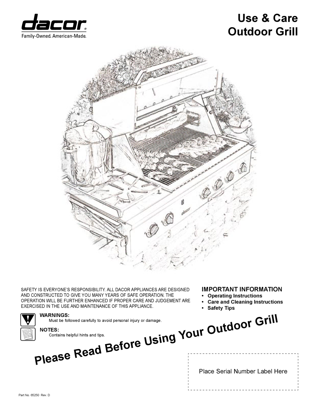 Dacor OGC36, OGC52, EOG36, EOG52 operating instructions Use & Care Outdoor Grill 