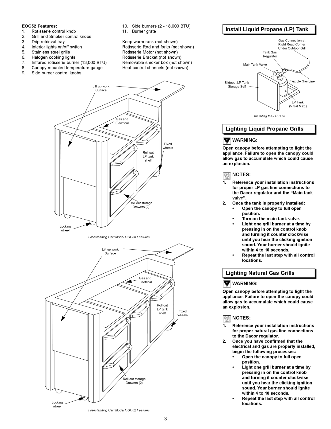 Dacor OGC36 Install Liquid Propane LP Tank, Lighting Liquid Propane Grills, Lighting Natural Gas Grills, EOG52 Features 