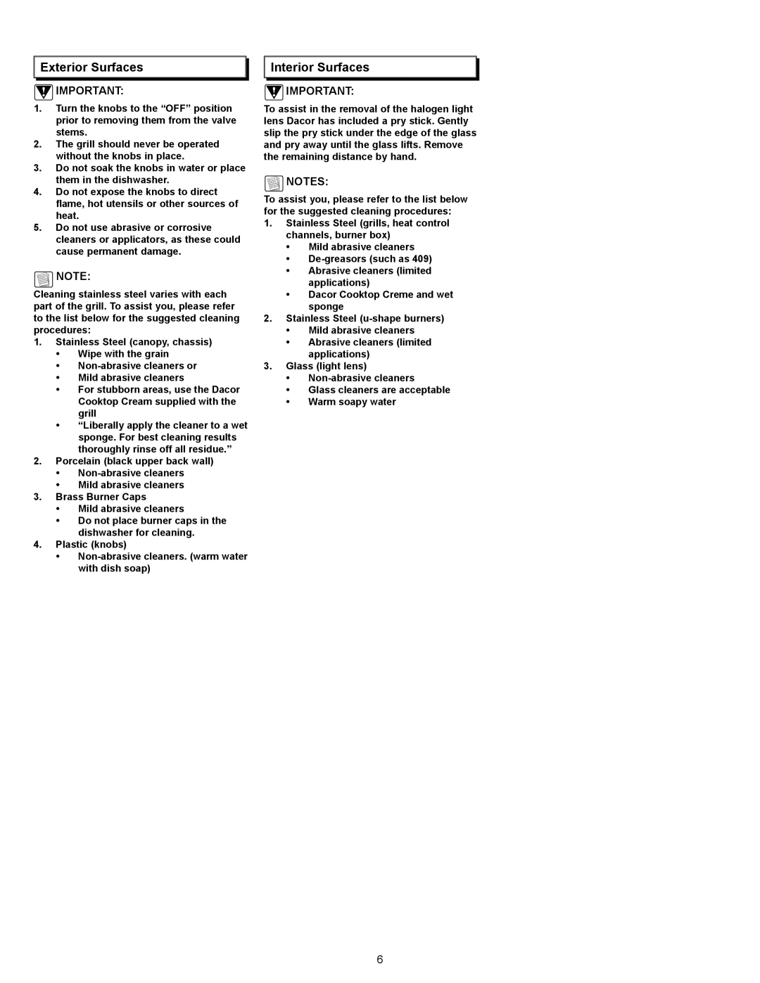 Dacor OGC52, OGC36, EOG36, EOG52 operating instructions Exterior Surfaces, Interior Surfaces 