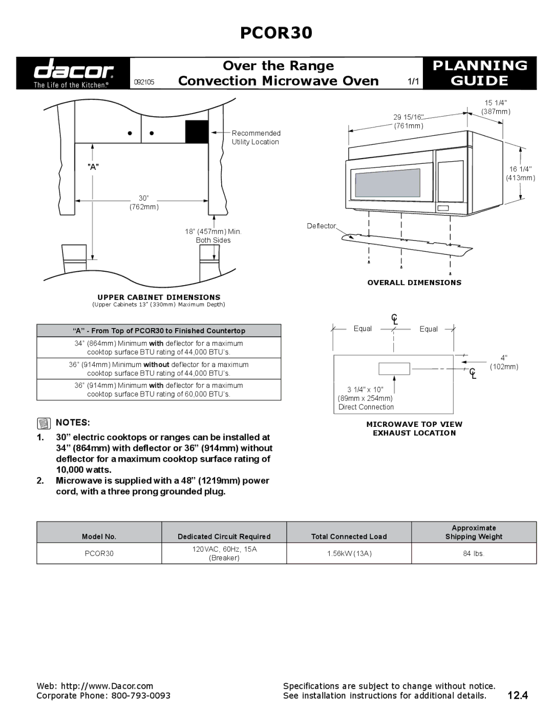 Dacor PCOR30 specifications Planning, Guide 