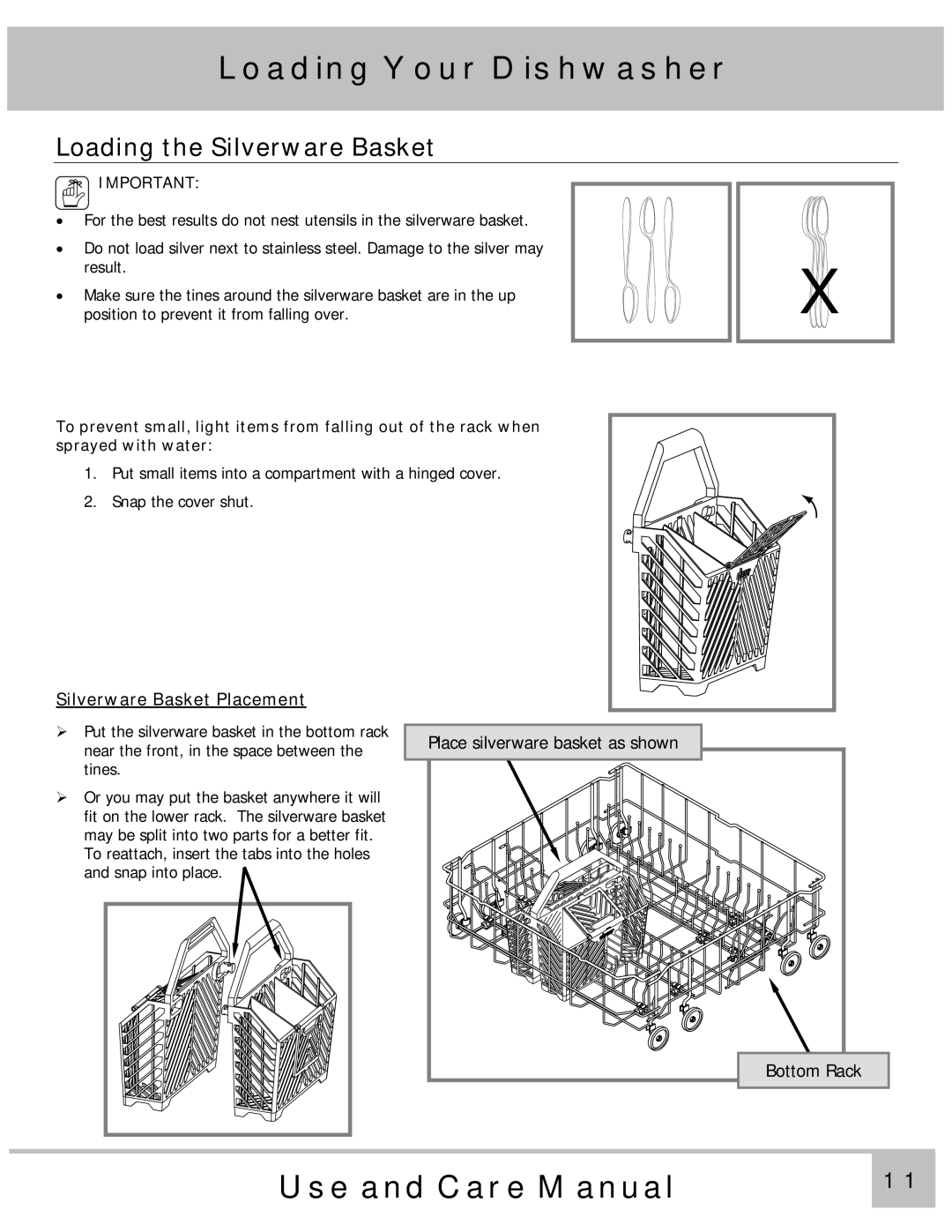 Dacor PD24TS, PD24GN, PD24SG, PD24BK, PD24BU, MDH24, ED24, PD24AG Loading the Silverware Basket, Silverware Basket Placement 