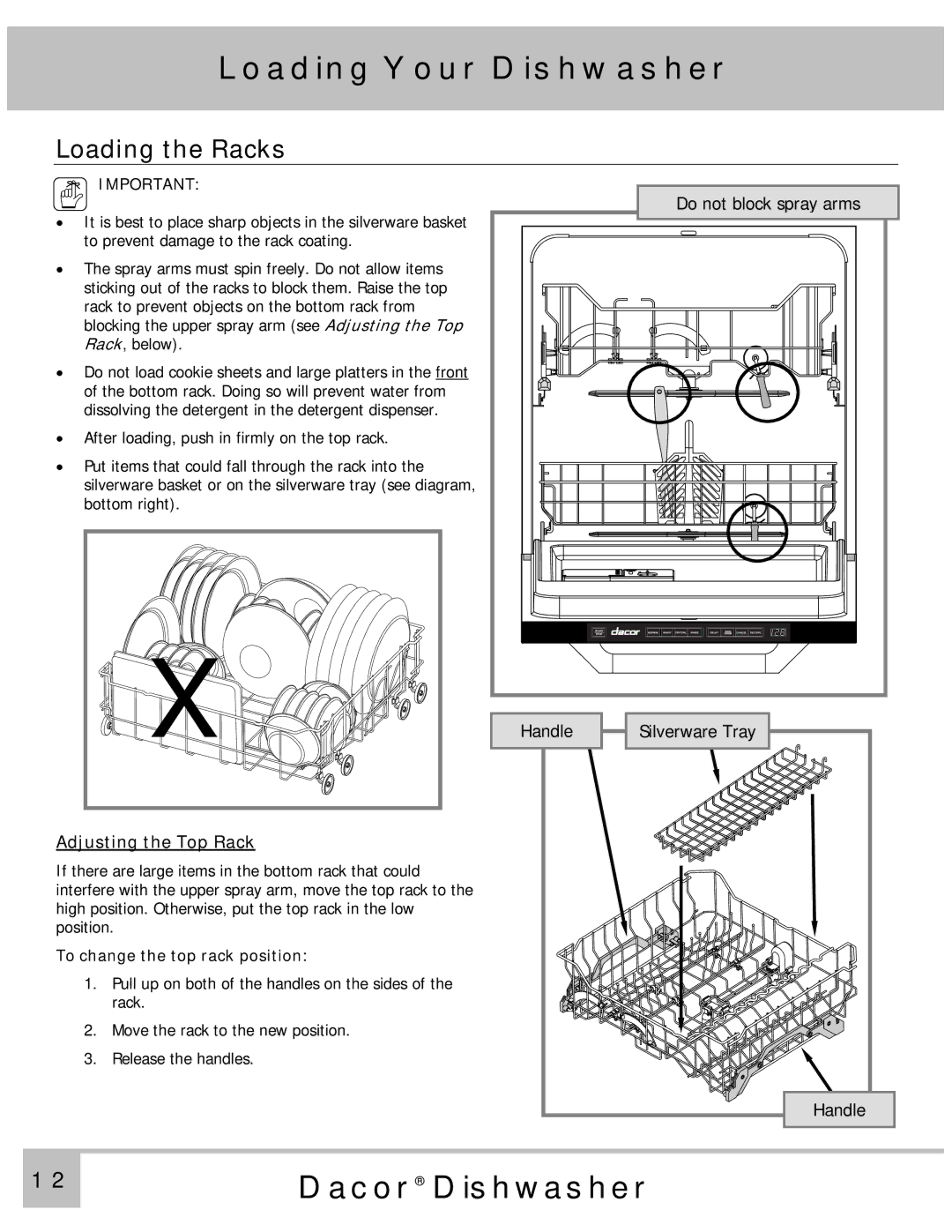 Dacor PD24SG, PD24GN, PD24TS, PD24BK, PD24BU, MDH24, ED24, PD24AG, MDV24, ID24 Loading the Racks, To change the top rack position 