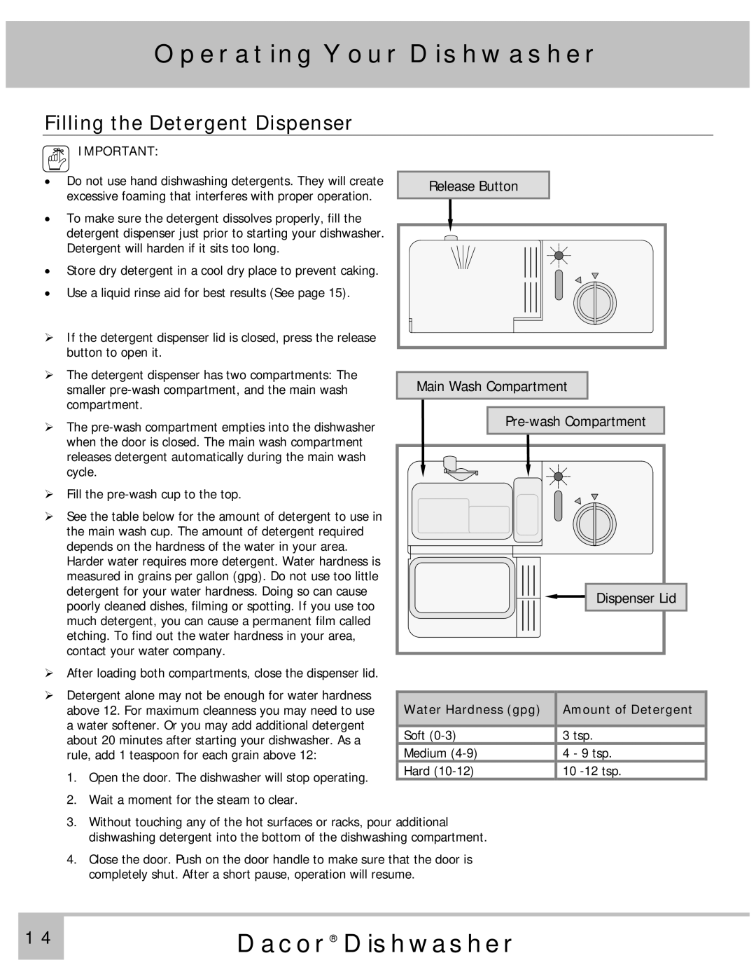 Dacor PD24BU, PD24GN Operating Your Dishwasher, Filling the Detergent Dispenser, Water Hardness gpg Amount of Detergent 