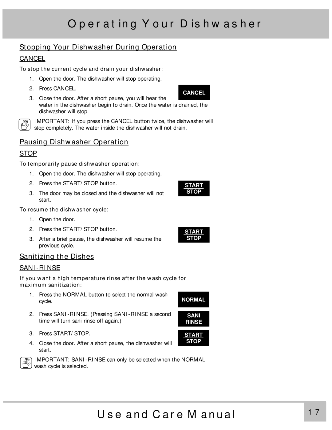 Dacor PD24AG, PD24GN, PD24TS Stopping Your Dishwasher During Operation, Pausing Dishwasher Operation, Sanitizing the Dishes 