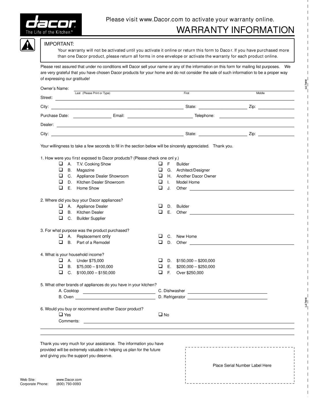 Dacor PD24SG, PD24GN, PD24TS, PD24BK, PD24BU, MDH24, ED24, PD24AG, MDV24, ID24 manual Warranty Information 