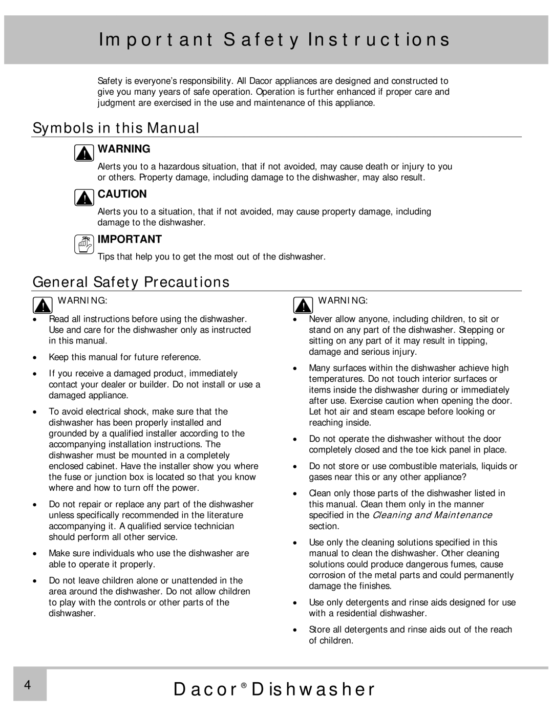 Dacor PD24BU, PD24GN, PD24TS, PD24SG, MDH24 Important Safety Instructions, Symbols in this Manual, General Safety Precautions 