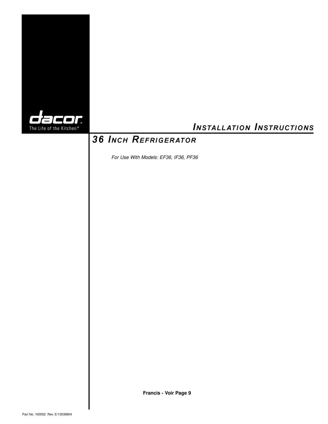 Dacor PF36 manual Install ation Instructions Inch Refriger ator, Francis Voir 