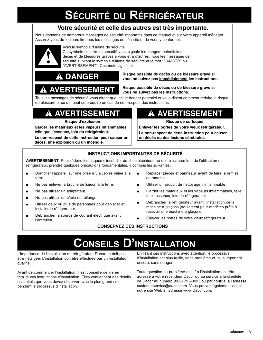 Dacor PF36 manual Sécurité du Réfrigérateur, Conseils D’installation, Instructions Importantes de Sécurité 