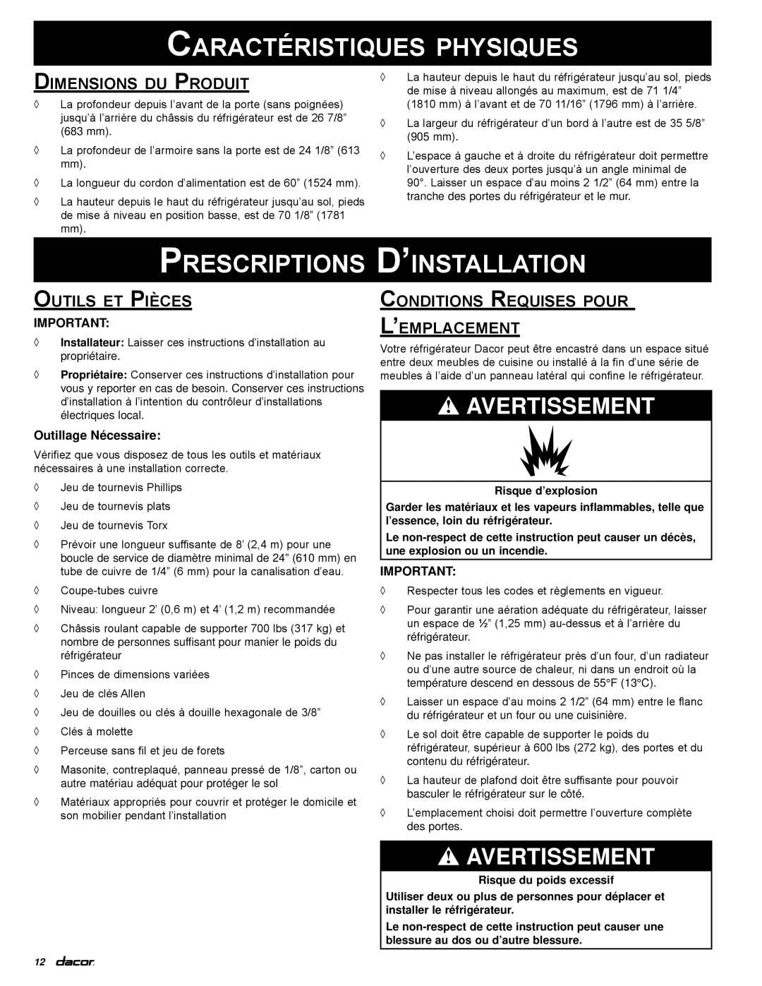 Dacor PF36 manual Caractéristiques physiques, Prescriptions, ’installation 