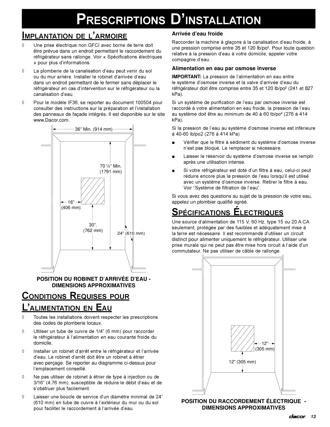 Dacor PF36 manual Prescriptions D’installation, Implantation de l’armoire, Spécifications Électriques 