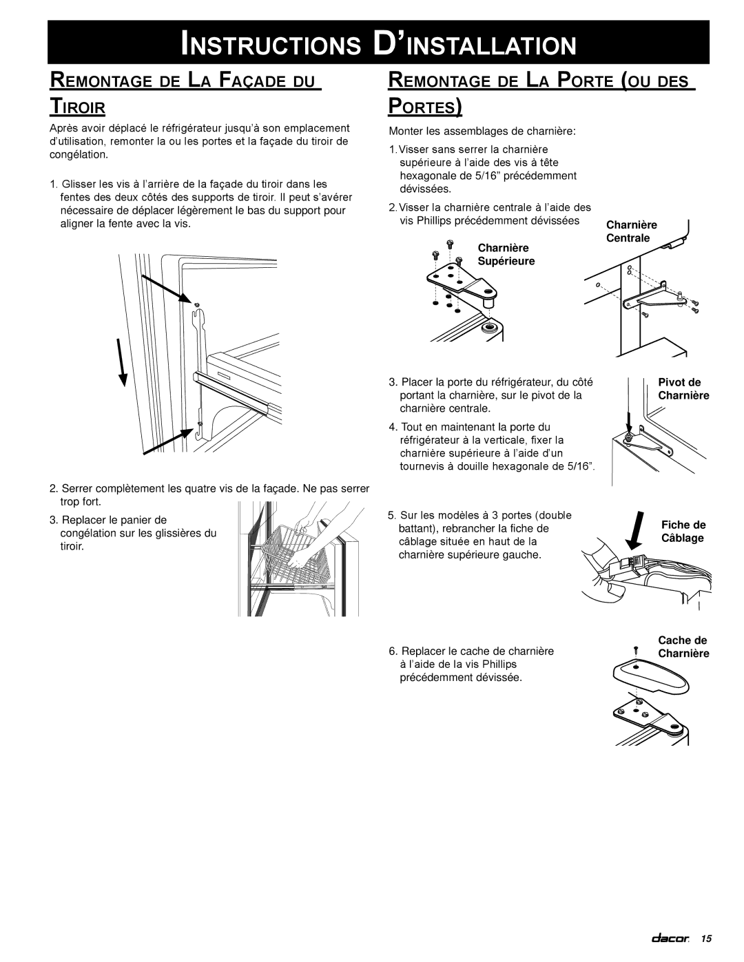 Dacor PF36 manual Remontage de La Façade du Tiroir, Remontage de La Porte ou des Portes 