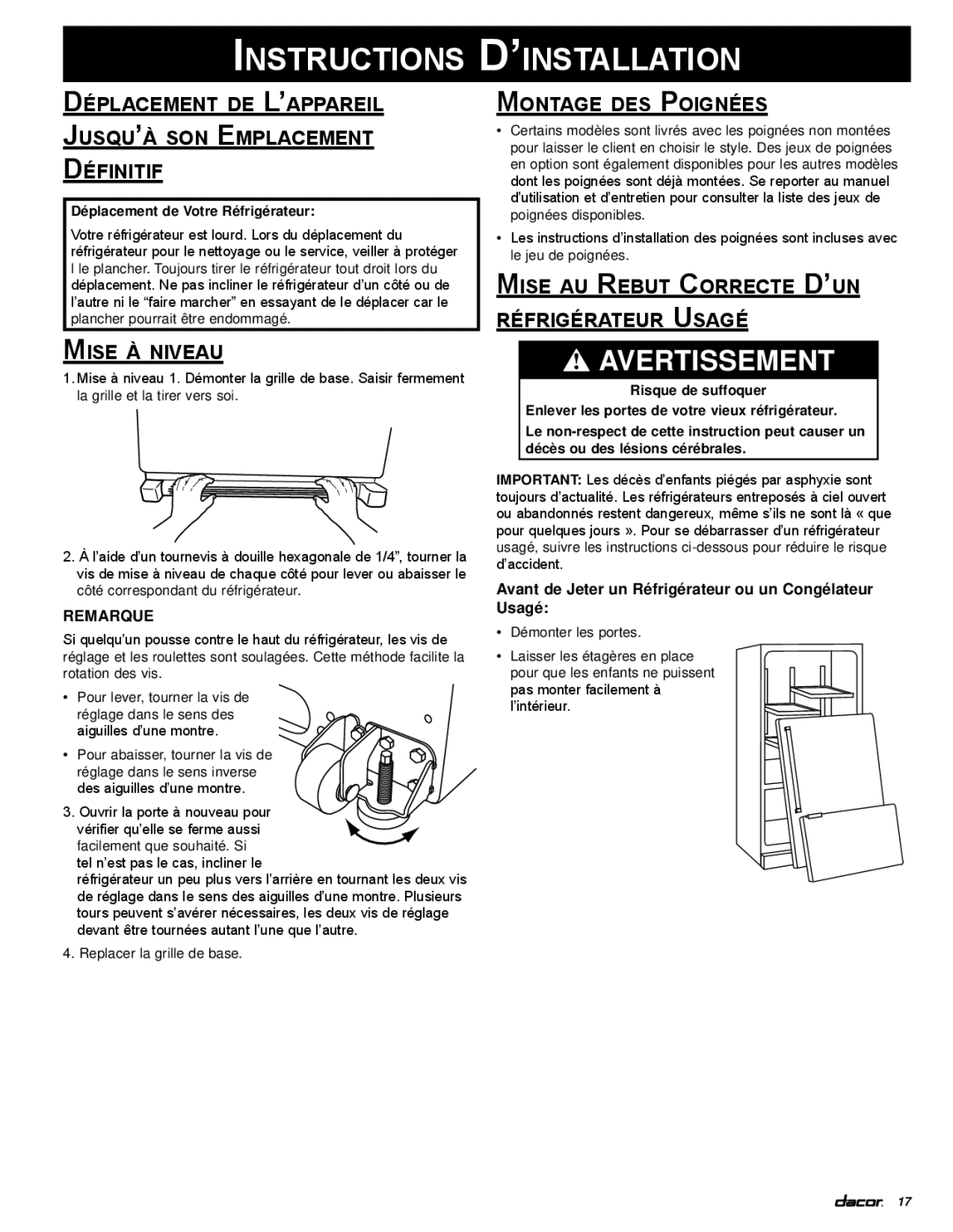 Dacor PF36 manual Déplacement de L’appareil Jusqu’à son Emplacement Définitif, Mise à niveau, Montage des Poignées 