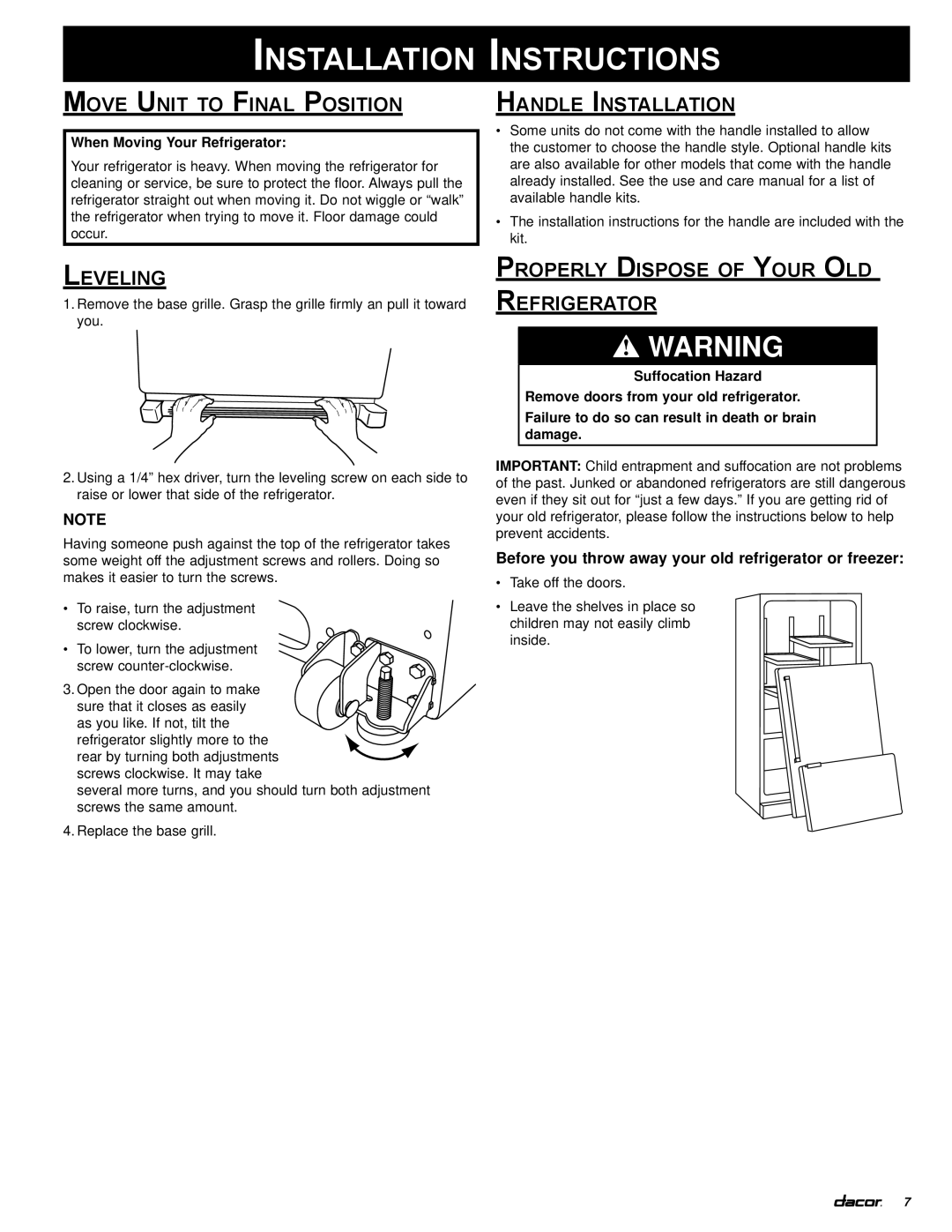 Dacor PF36 manual Move Unit to Final Position, Leveling, Handle Installation, Properly Dispose of Your Old Refrigerator 