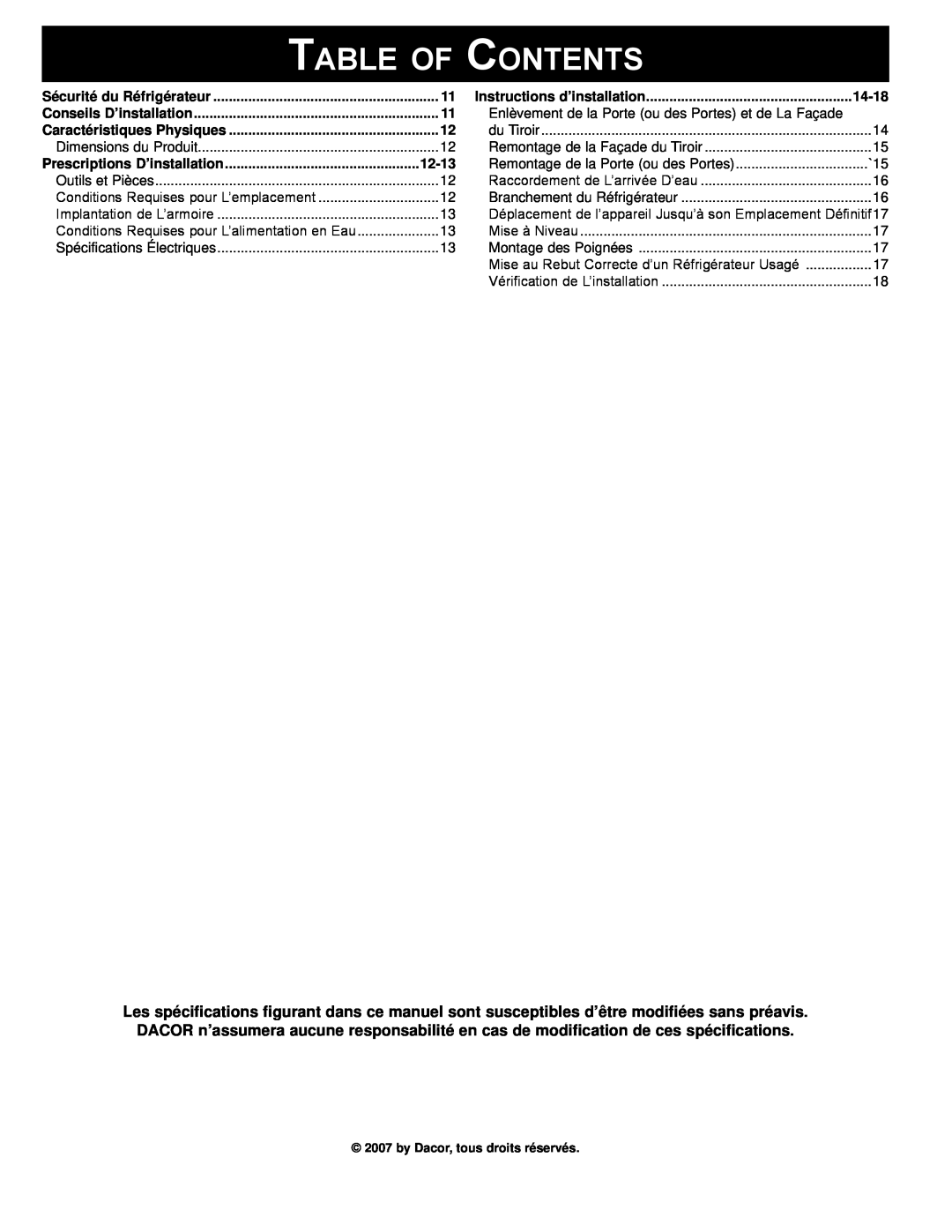 Dacor PF36 manual Table of Contents, Sécurité du Réfrigérateur, Conseils D’installation, Caractéristiques Physiques 