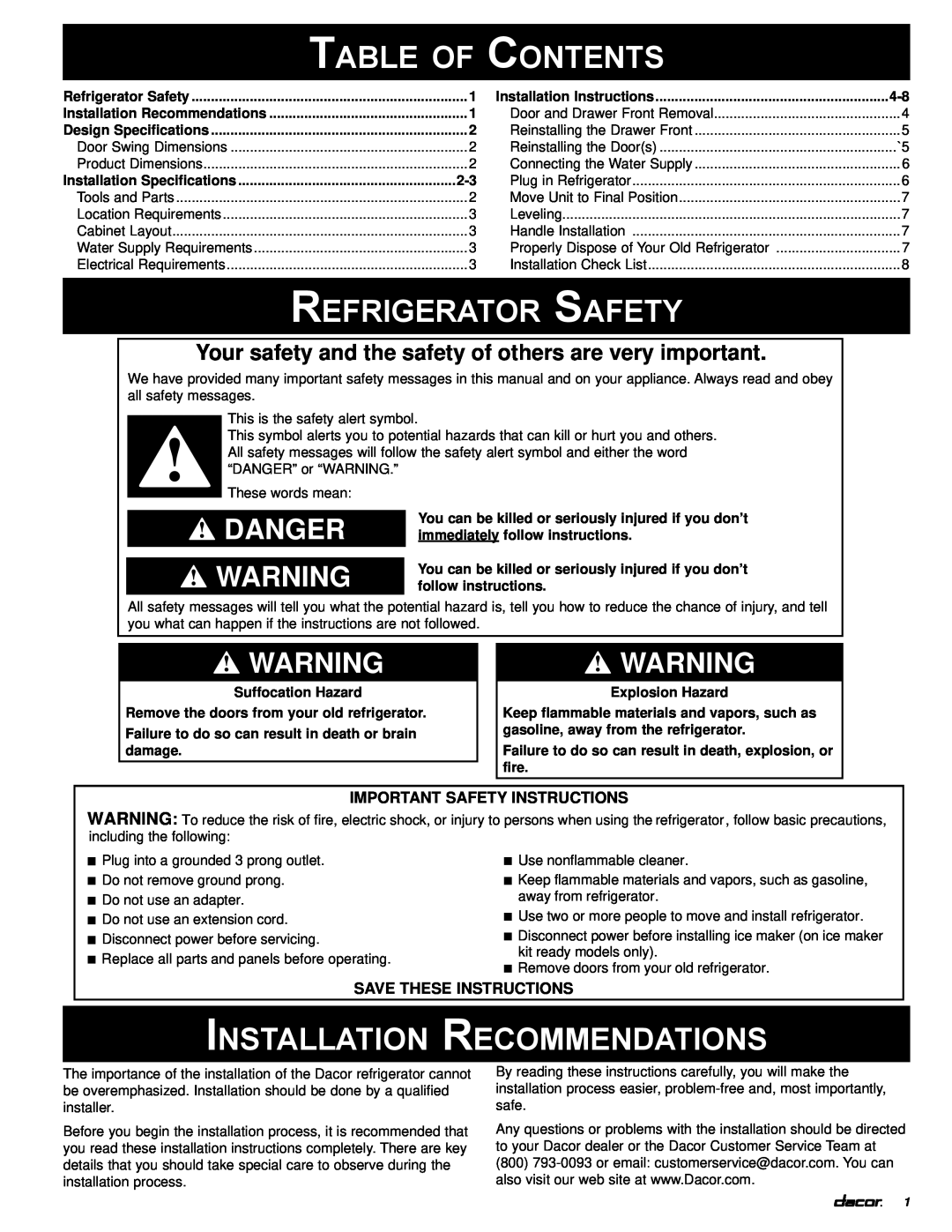 Dacor PF36 Table of Contents, Refrigerator Safety, Installation Recommendations, Danger, IMPORTANT SAFETY instructions 