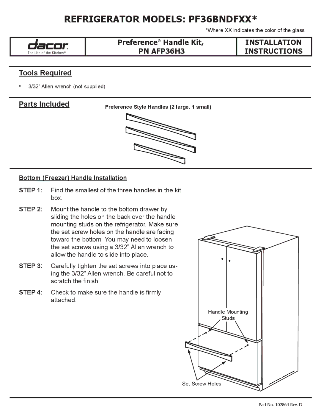 Dacor PF36BNDFXX* installation instructions Refrigerator Models PF36BNDFXX, PN AFP36H3, Tools Required, Parts Included 