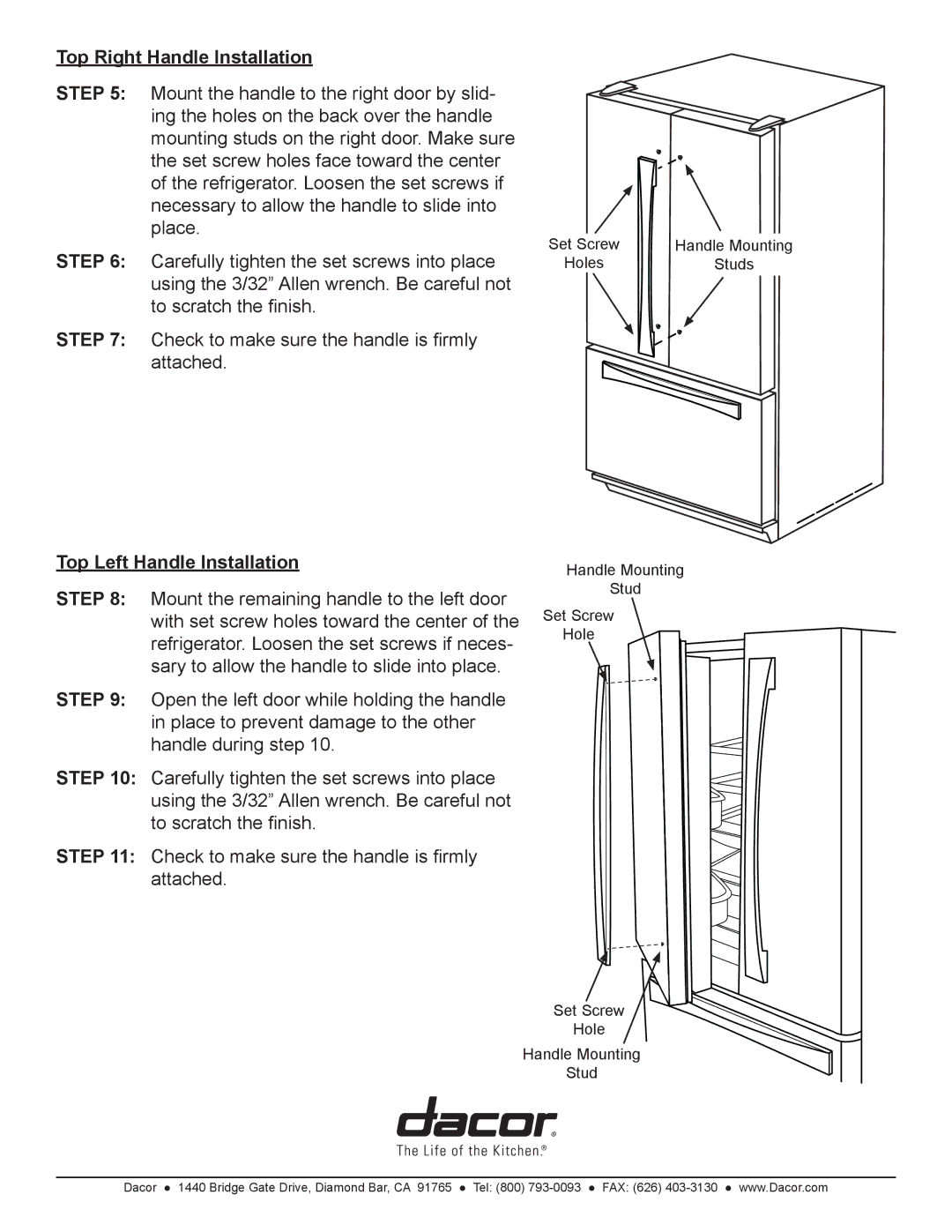 Dacor PF36BNDFXX* installation instructions Top Right Handle Installation, Top Left Handle Installation 