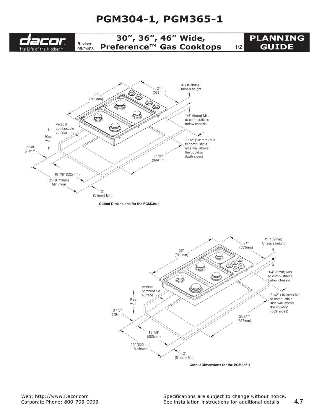 Dacor specifications PGM304-1, PGM365-1, Planning, Guide, Cutout Dimensions for the PGM304-1 