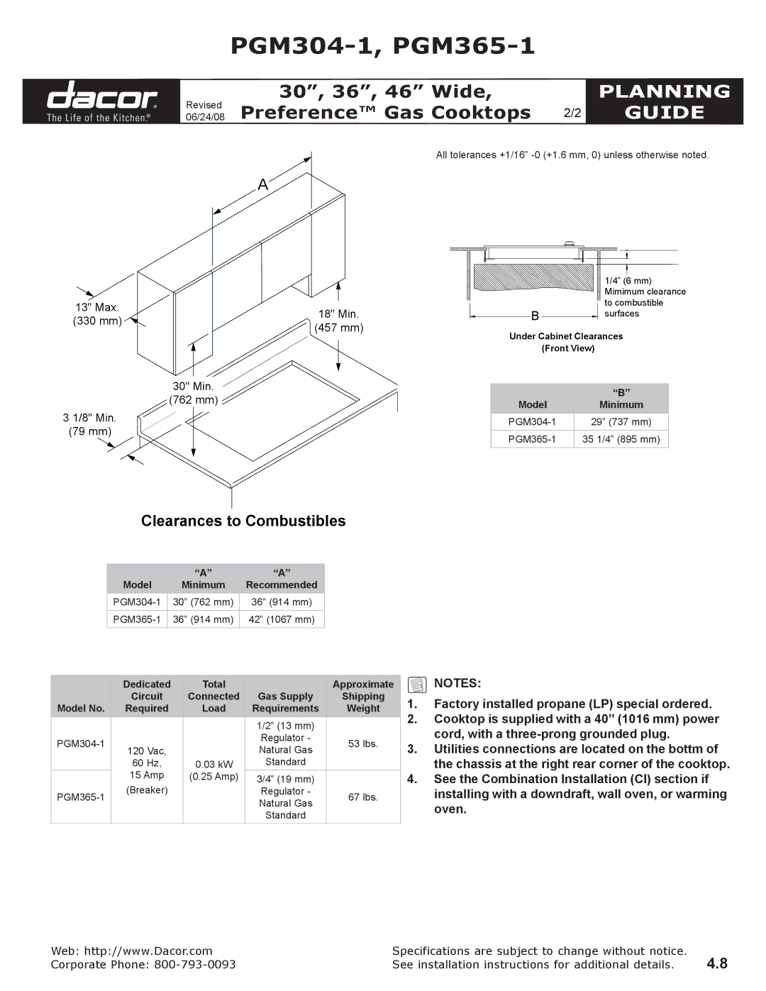 Dacor PGM304-1, PGM365-1 specifications Clearances to Combustibles, Max 18 Min, Min 762 mm 8 Min 79 mm 