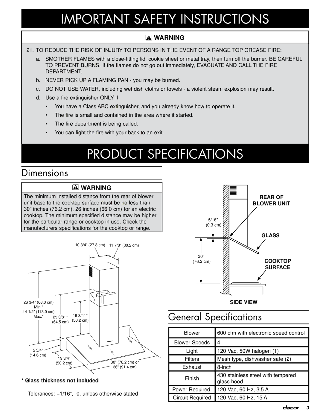 Dacor PHW installation instructions Product Specifications, Dimensions, General Specifications 