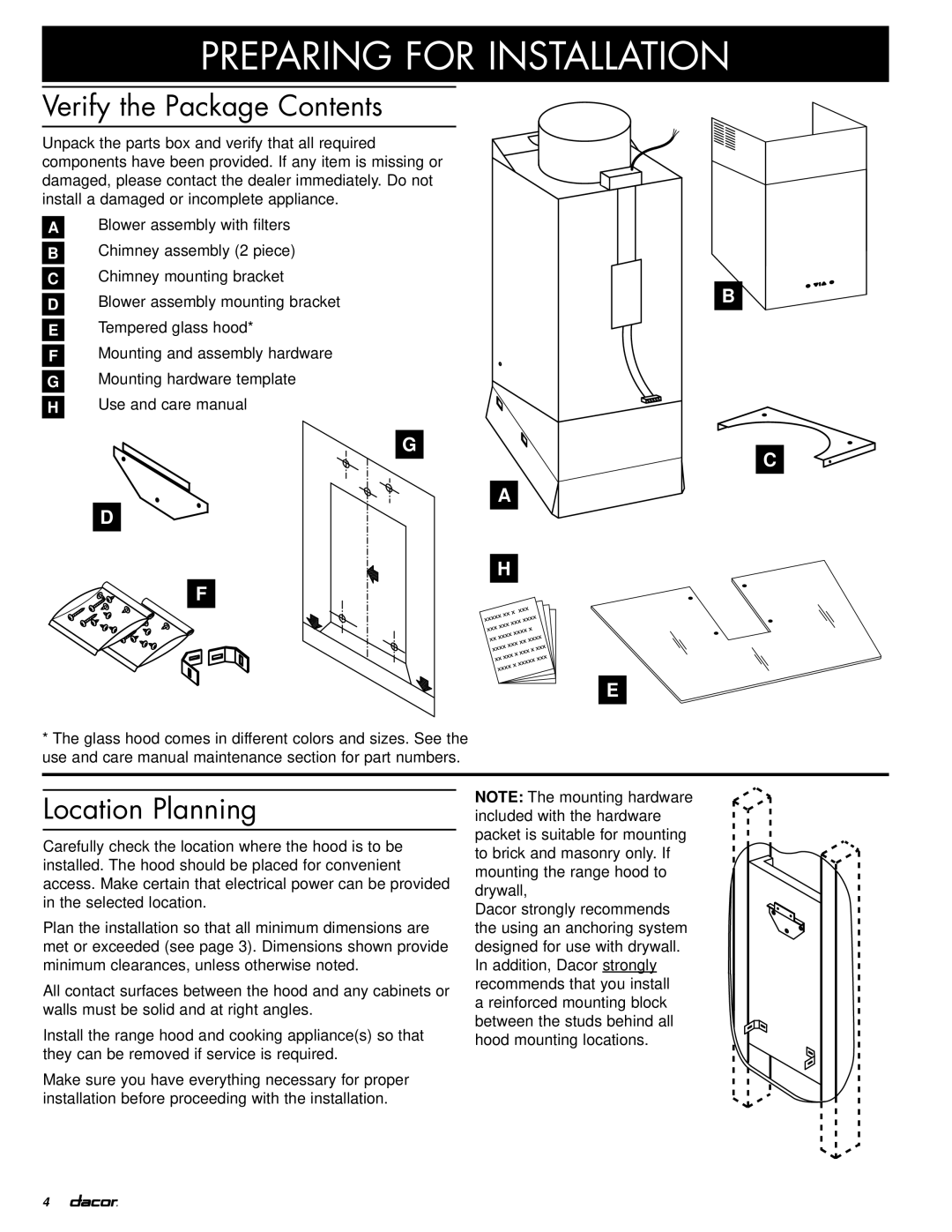 Dacor PHW installation instructions Preparing for Installation, Verify the Package Contents, Location Planning 