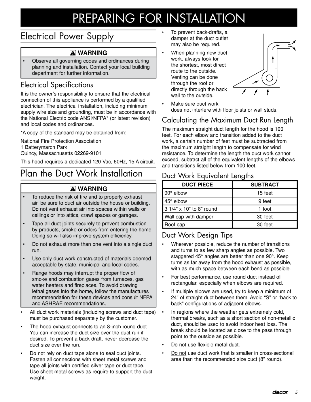 Dacor PHW installation instructions Electrical Power Supply, Plan the Duct Work Installation, Duct Piece Subtract 