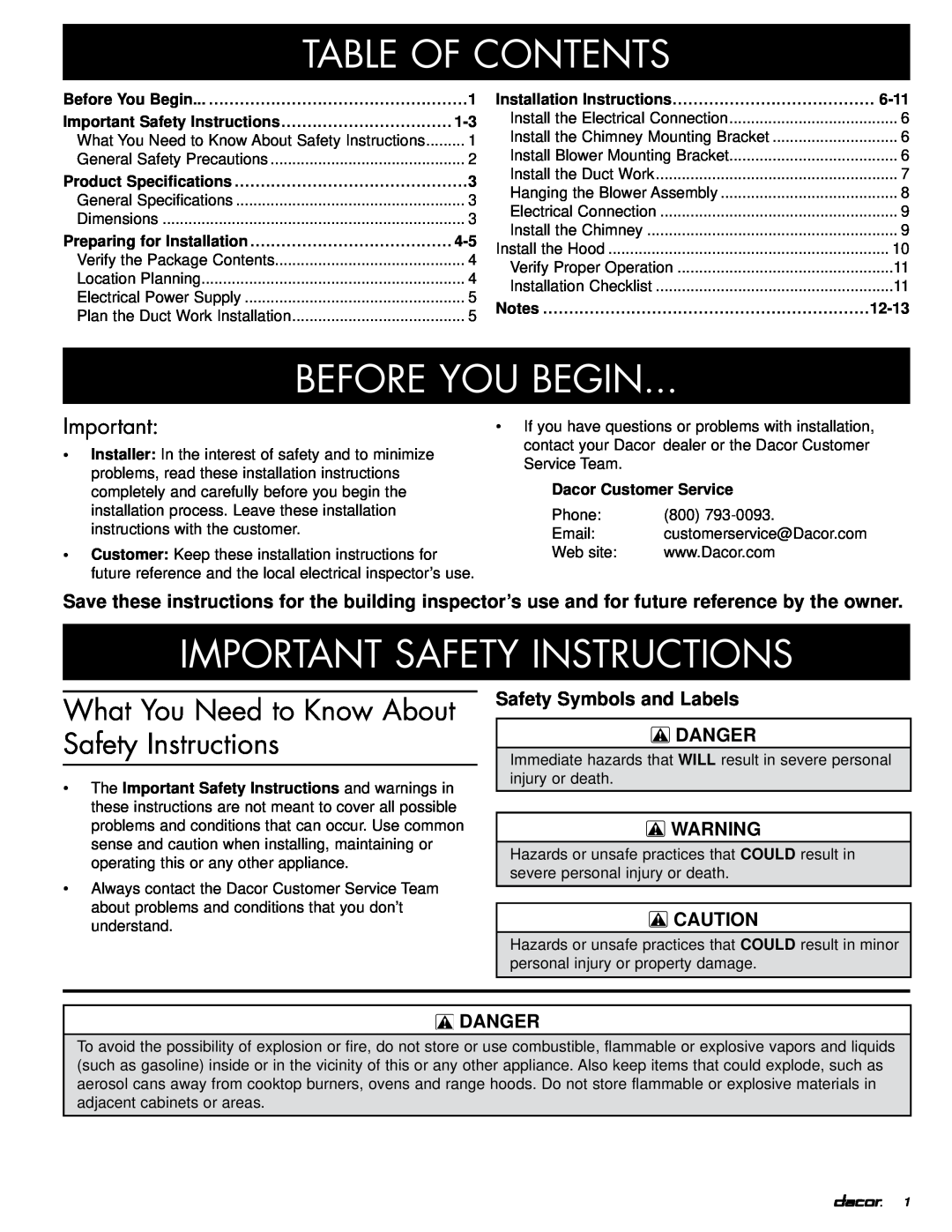 Dacor PHW Table of Contents, Before You Begin, Important Safety Instructions, Product Specifications, Danger, 6-11, 12-13 