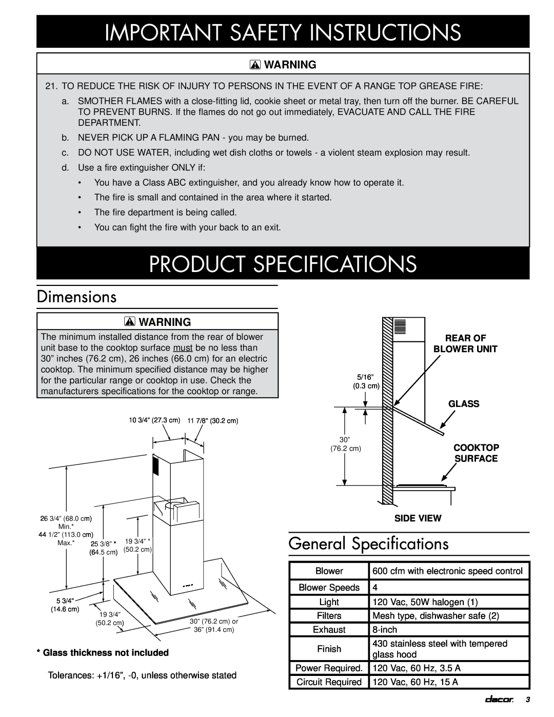 Dacor PHW Product Specifications, Dimensions, General Specifications, Glass thickness not included, Rear Of, Blower Unit 