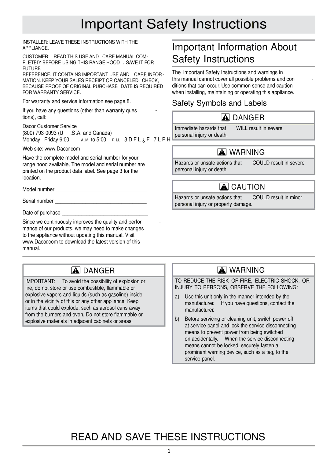 Dacor PHW30 Important Safety Instructions, Important Information About Safety Instructions, Safety Symbols and Labels 