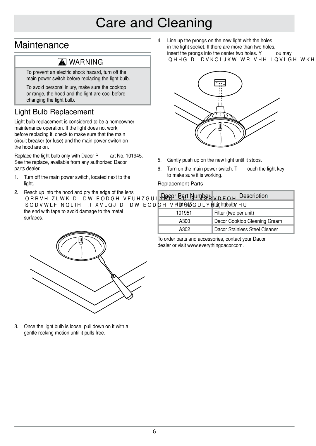 Dacor PHW30 important safety instructions Maintenance, Light Bulb Replacement, Replacement Parts 