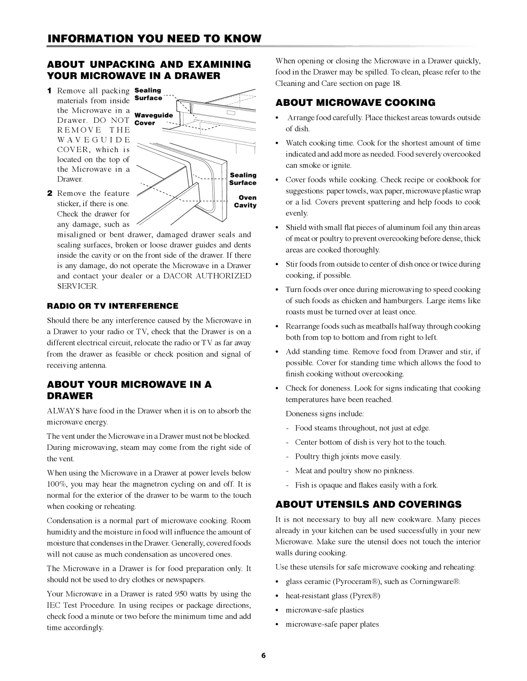 Dacor PMD30, MMDV30S, MMDH30S manual Information You Need to Know, About Unpacking and Examining Your Microwave in a Drawer 