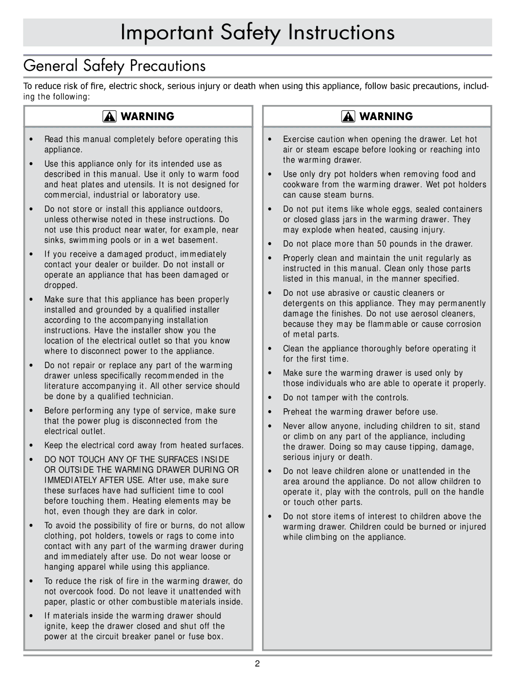 Dacor PWD30, PWD27 important safety instructions General Safety Precautions, Do not place more than 50 pounds in the drawer 