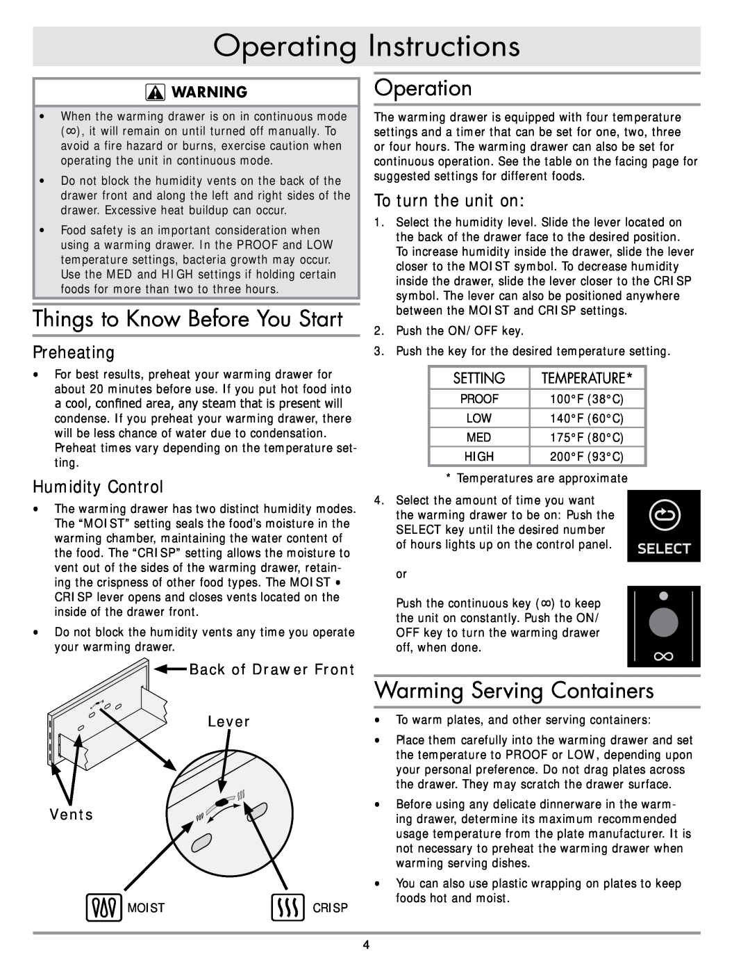 Dacor PWD30 Operating Instructions, Preheating, Humidity Control, To turn the unit on, Back of Drawer Front Lever Vents 