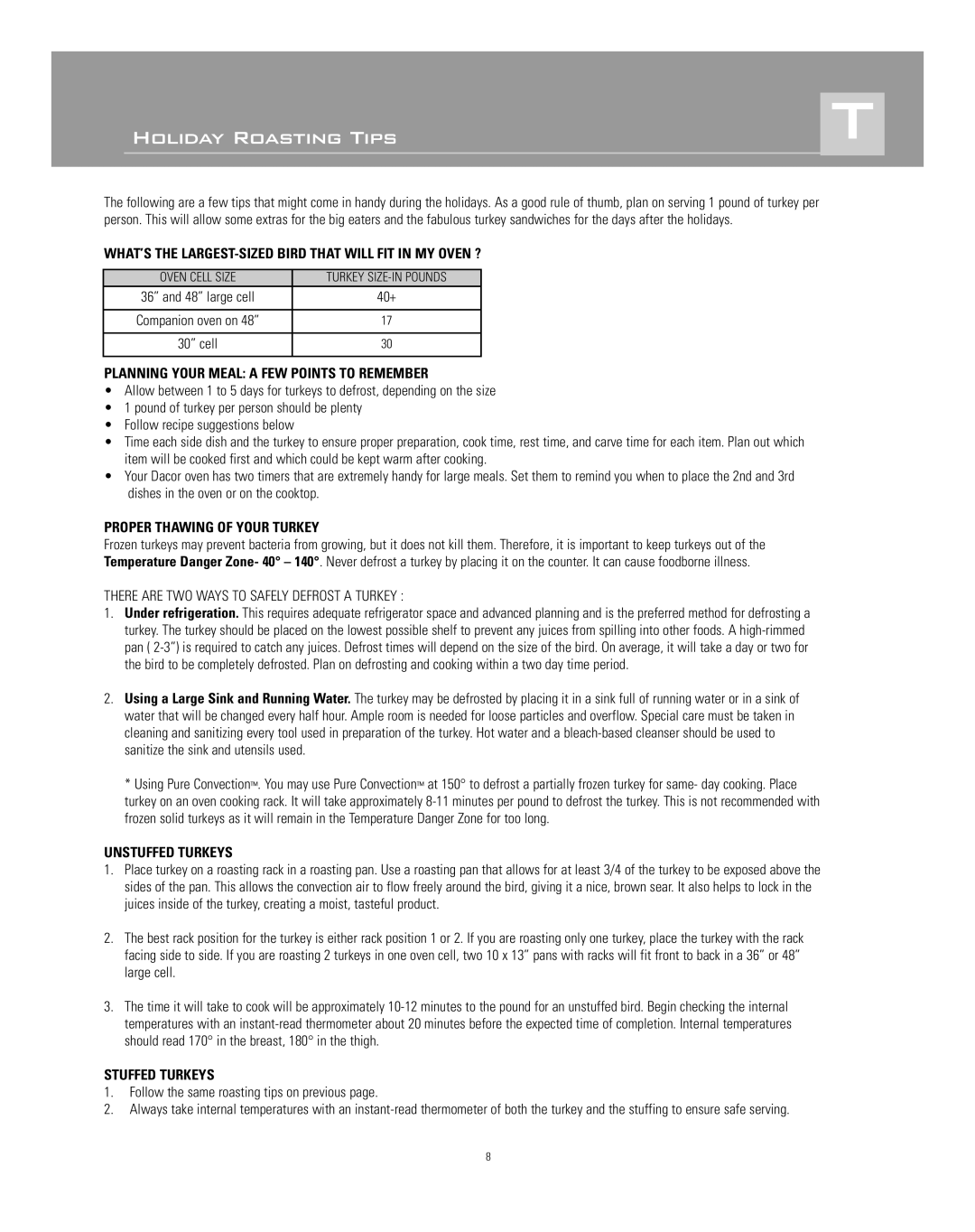 Dacor Range Cooking manual Holiday Roasting Tips, Planning Your Meal a FEW Points to Remember 