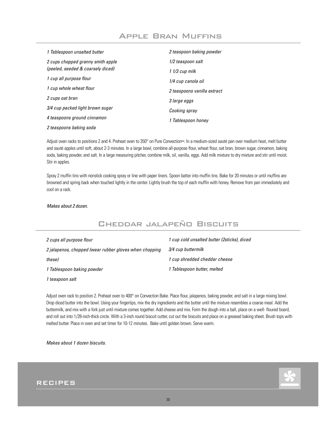 Dacor Range Cooking manual Apple Bran Muffins, Cheddar jalapeño Biscuits, Recipes 
