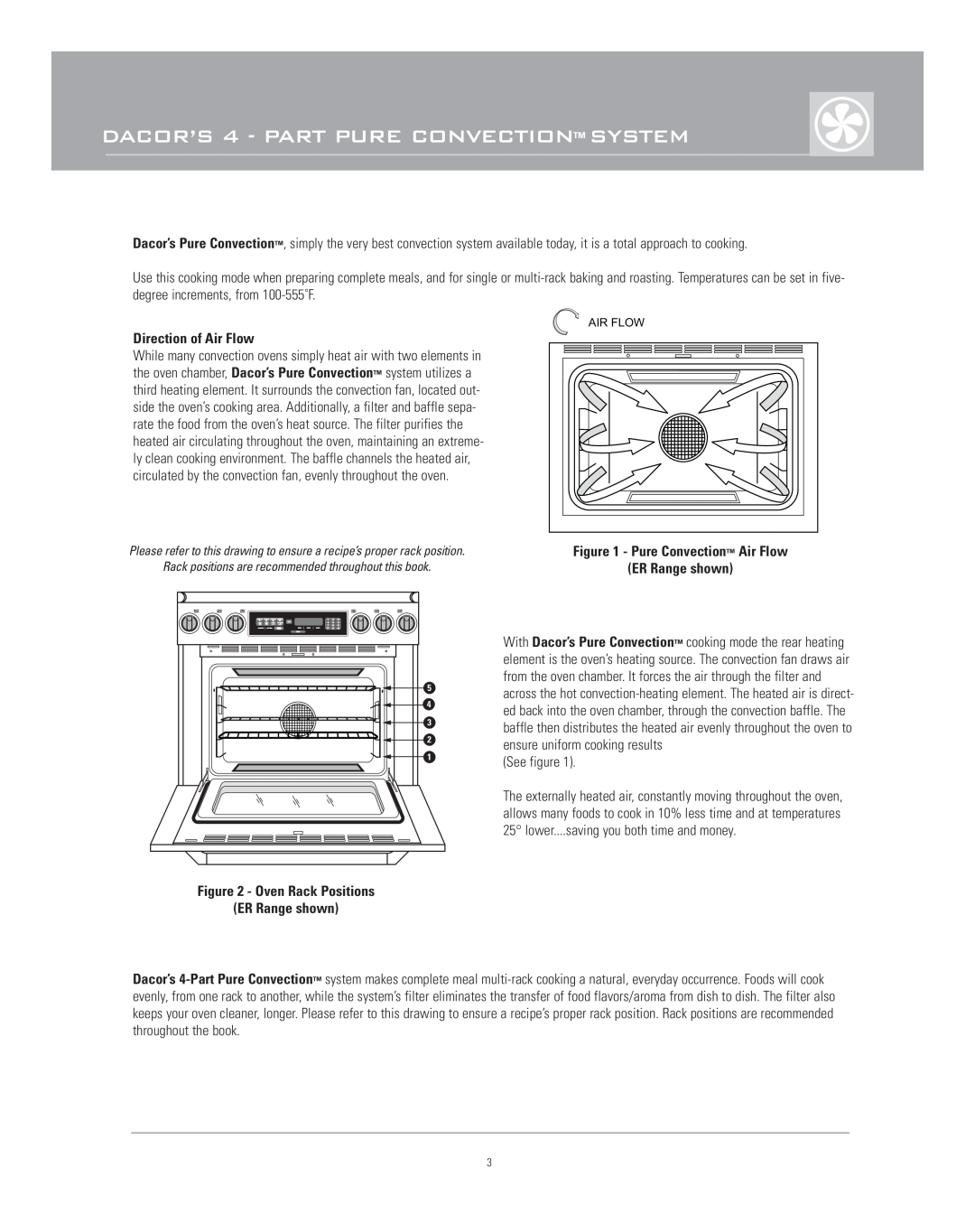 Dacor Range Cooking DACOR’S 4 - PART PURE CONVECTION SYSTEM, Direction of Air Flow, Oven Rack Positions ER Range shown 