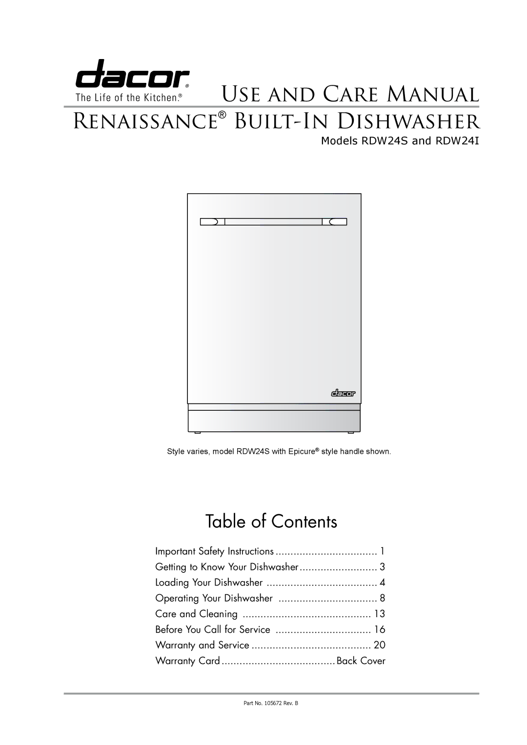 Dacor renaissance built-in dishwasher manual USE and Care Manual Renaissance BUILT-IN Dishwasher 