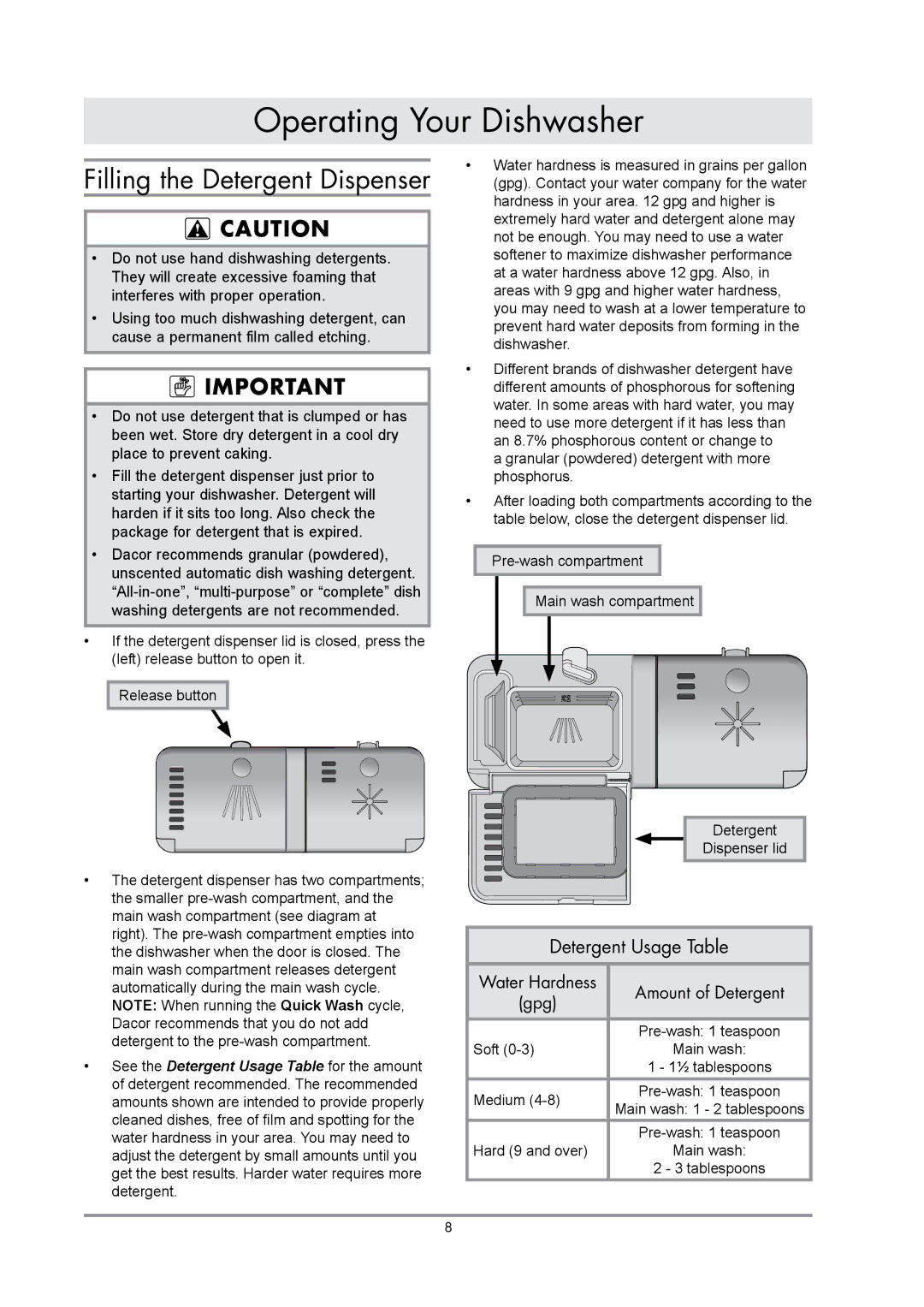 Dacor renaissance built-in dishwasher manual Operating Your Dishwasher, Filling the Detergent Dispenser 