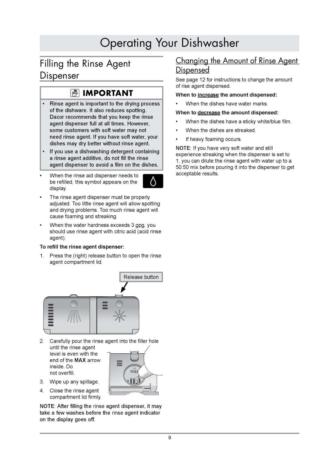 Dacor renaissance built-in dishwasher Changing the Amount of Rinse Agent Dispensed, To refill the rinse agent dispenser 