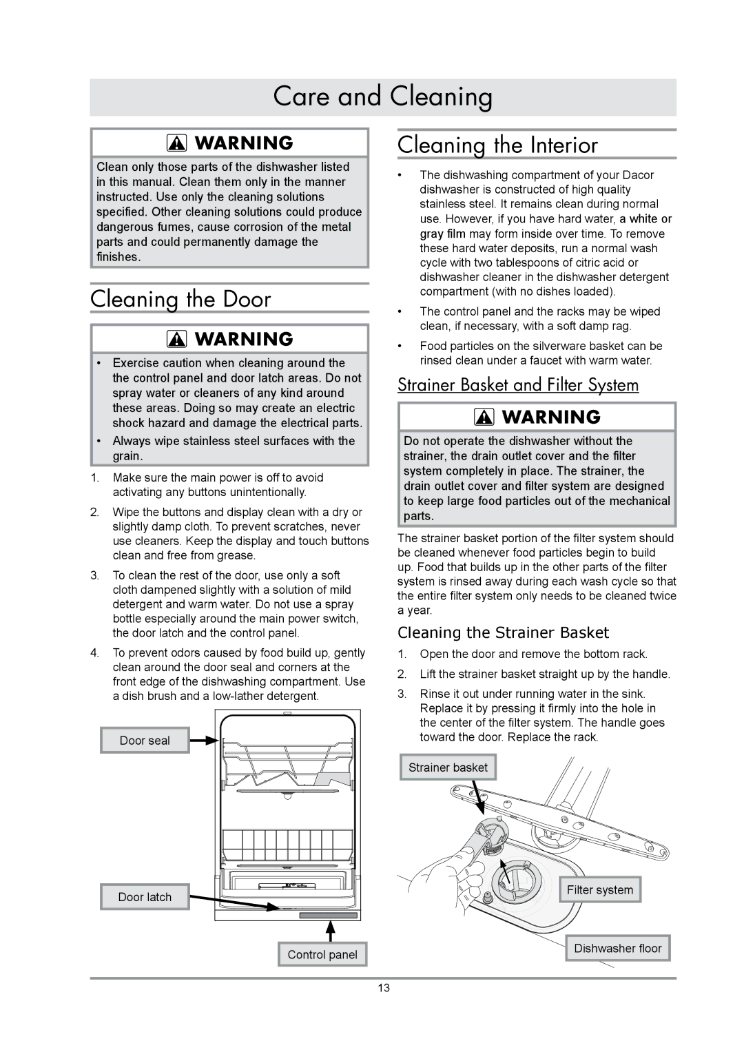 Dacor renaissance built-in dishwasher manual Care and Cleaning, Cleaning the Door, Cleaning the Interior 