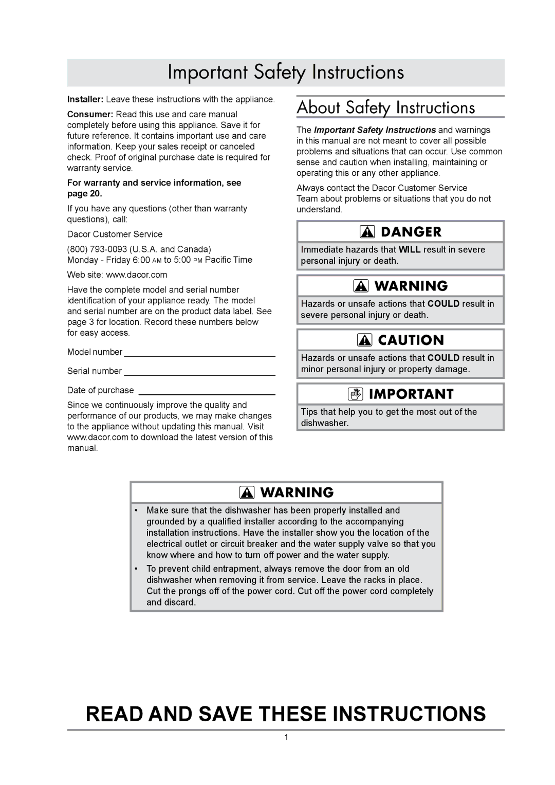 Dacor renaissance built-in dishwasher manual Important Safety Instructions, About Safety Instructions 