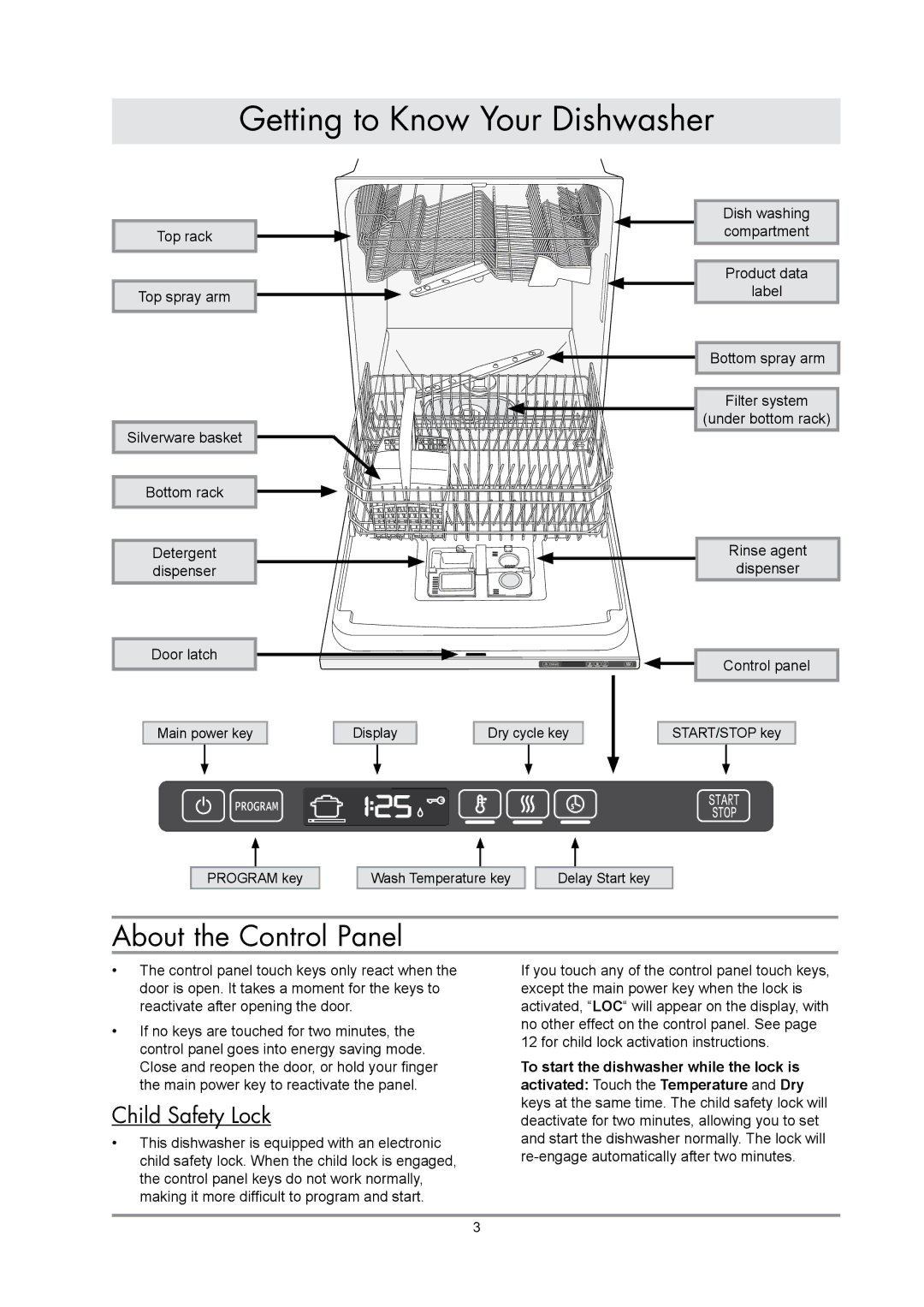 Dacor renaissance built-in dishwasher manual Getting to Know Your Dishwasher, About the Control Panel, Child Safety Lock 