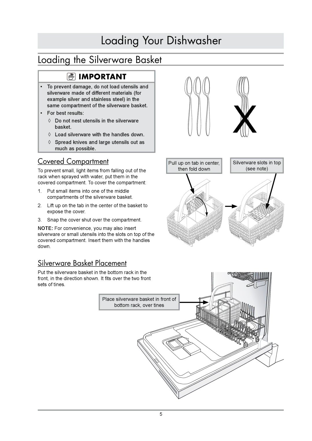 Dacor renaissance built-in dishwasher Loading the Silverware Basket, Covered Compartment, Silverware Basket Placement 