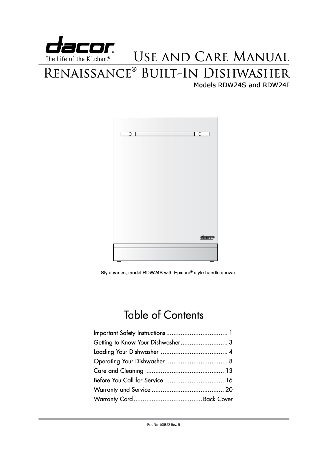 Dacor renaissance built-in dishwasher manual Use And Care Manual Renaissance Built-In Dishwasher, Table of Contents 
